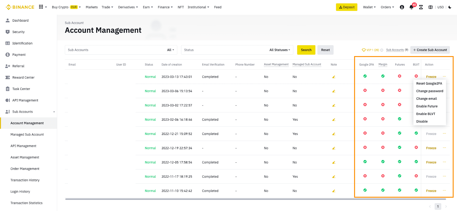 Binance 官方子账户管理界面示意